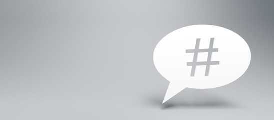 Poster - Hashtag Concept. Grey background banner with copy space and balloon tip contains hashtag symbol. 3D Rendering