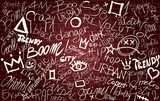 Fototapeta Młodzieżowe - Wall with graffiti symbol writing spray-ink-tag-splash-scribble. Street art. Modern hand draw grafiti style. Dirty artistic design elements and words. Underground. Vector illustration