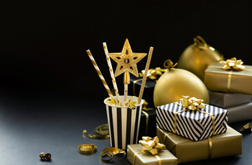 Wall Mural - selective focus.group of gift box and party ornament.merry christmas,xmas and new year celebration c
