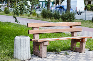 Wooden bench in the city park. Empty bench in the green area on a sunny summer morning