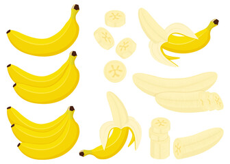 Wall Mural - banana set. whole, half and peeled banana, bunch of bananas and slices of banana isolated on white b