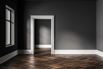 Grey empty living room with door and window, parquet floor and mockup