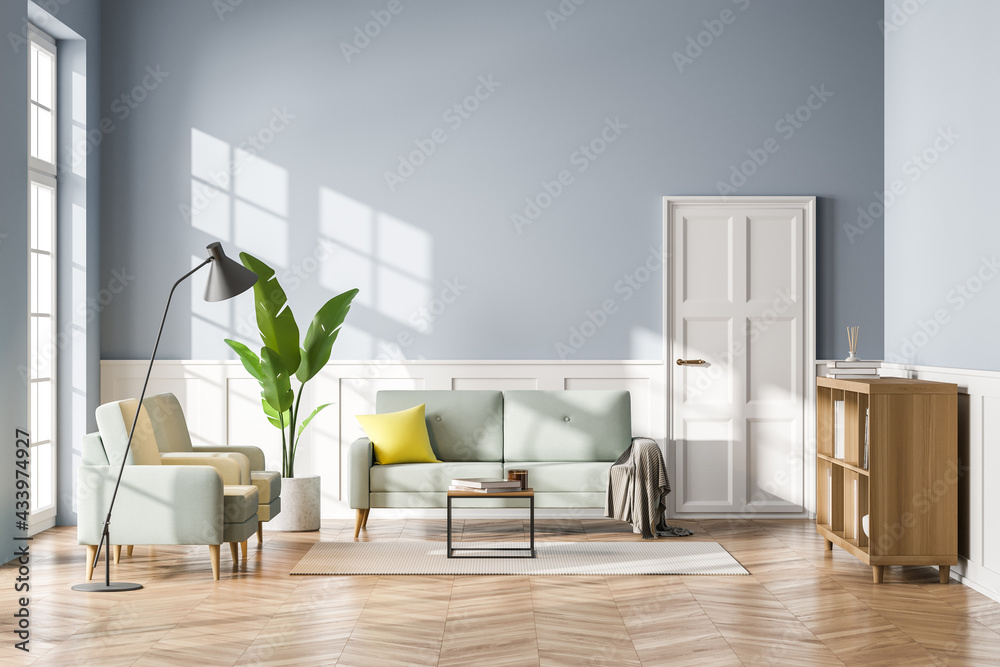 Living room interior with sofa, bookshelf wooden floor. Concept of cozy meeting reading place. Panoramic window. 3d rendering - obrazy, fototapety, plakaty 