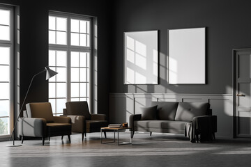 Living room interior with two empty white posters on wall, grey sofa, armchairs concrete floor. Concept of cozy meeting place. Panoramic windows. Mock up. 3d rendering