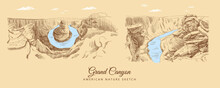 Color Sketches Of Grand Canyon, USA, Hand-drawn.