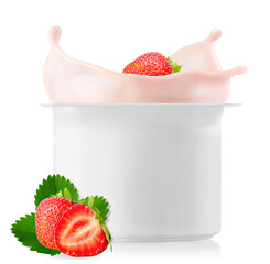 Sticker - strawberry falling in plastic cup with yogurt