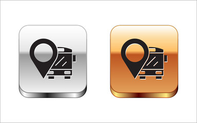 Black Location with bus icon isolated on white background. Transportation concept. Bus tour transport sign. Tourism or public vehicle symbol. Silver and gold square buttons. Vector