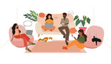 Fototapeta  - people talking with friend on sofa in room, relax time or free time by has a black cat and orange cat.