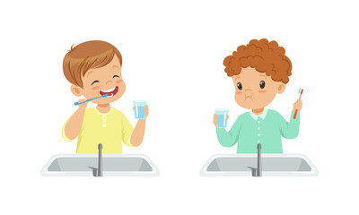 Canvas Print - Set of Cute Happy Boys Brushing Teeth, Daily Routine Concept Cartoon Vector Illustration