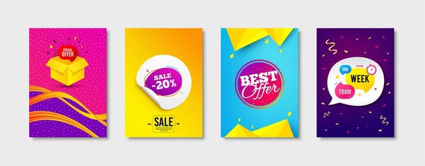 Special offer, Sale 20 percent and Best offer promo label set. Sticker template layout. One week sign. Gift box, Discount bubble, Flyer shape. Promotional tag set. Speech bubble banner. Vector