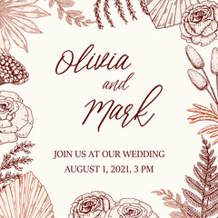 Floral wedding invitation template with dried plants in boho style. Modern florist design. Hand drawn vector illustration