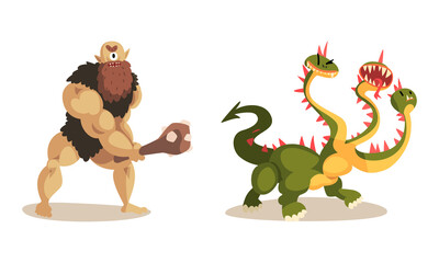 Poster - Ancient Mythical Creatures Set, Cyclops Caveman with Cudgel, Three Headed Dragon, Cartoon Vector Illustration