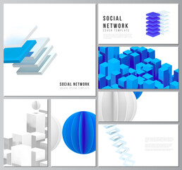 Poster - Vector layouts of modern social network mockup for cover design, website design, website backgrounds or advertising. 3d render vector composition with dynamic realistic geometric blue shapes in motion
