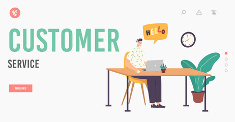 Wall Mural - customer service landing page template. technical support specialist solve client problems online. h