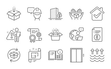 Poster - Buildings, Architectural plan and Get box line icons set. Lift, Construction document and Hold box signs. Technical info, Instruction info and Foreman symbols. Line icons set. Vector