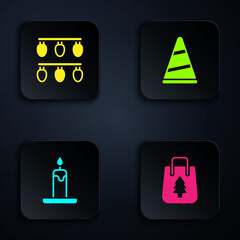 Sticker - Set Christmas shopping bag, lights, Burning candle and Party hat. Black square button. Vector