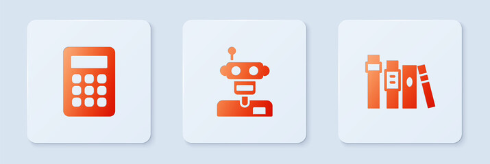 Poster - Set Robot, Calculator and Book. White square button. Vector