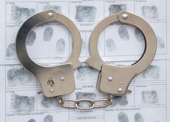 Top view of metal Handcuffs with generic hand prints.