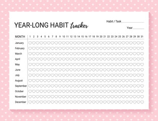 Wall Mural - Habit tracker. Template year-long habit diary. Journal planner with bullets. Vector illustration. Goal list on background with hearts. Simple design. Horizontal, landscape orientation. Paper size A4