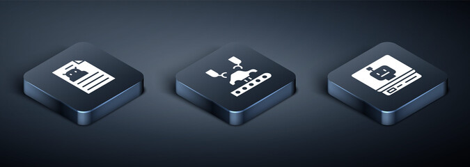 Poster - Set Isometric Technical specification, Robot and Robotic robot arm factory icon. Vector