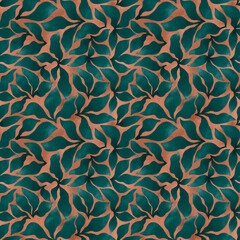  emerald leaves seamless pattern with grunge structure, hand drawn clipart, colorful wallpaper