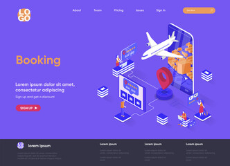 Leinwandbilder - Booking isometric landing page. Travel application for ticket orders, hotel search, review and reservation isometry web page. Flight booking flat website. Vector illustration with people characters.