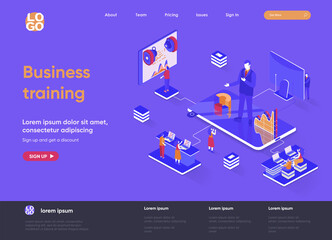 Poster - Business training isometric landing page. Business education, career development course, motivation and mentoring isometry web page. Website flat template, vector illustration with people characters.