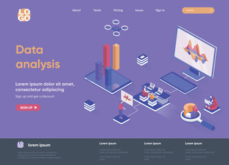 Leinwandbilder - Data analysis isometric landing page. Financial data analysis, management and optimization, database structuring isometry web page. Website flat template, vector illustration with people characters.