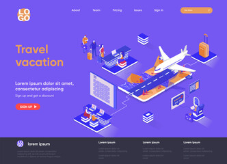 Leinwandbilder - Travel vacation isometric landing page. Web solution for trip organization, online check-in, flight booking service isometry web page. Website flat template, vector illustration with people characters