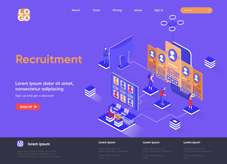 Leinwandbilder - Recruitment isometric landing page. Human resource management and staff headhunting isometry web page. Website flat template. Studying resumes of candidates vector illustration with people characters.