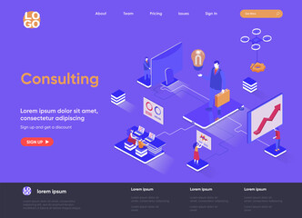 Poster - Consulting isometric landing page. Competent business expertise and law assistance, financial audit and accounting isometry web page. Website flat template, vector illustration with people characters.
