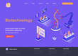 Biotechnology isometric landing page. DNA sequence cloning and recombination isometry web page. Genetic engineering template, science research laboratory vector illustration with people characters.