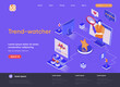 Trend-watcher isometric landing page. Professional trend watching occupation, marketing research and analyse isometry web page. Website flat template, vector illustration with people characters.