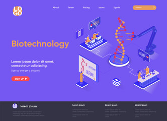 Poster - Biotechnology isometric landing page. DNA sequence cloning and recombination isometry web page. Genetic engineering template, science research laboratory vector illustration with people characters.