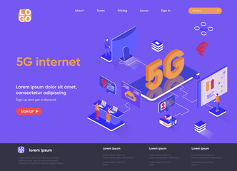 Poster - 5G internet isometric landing page. Mobile telecommunication, 5G generation technology standard, cellular networks isometry web page. Website flat template, vector illustration with people characters.