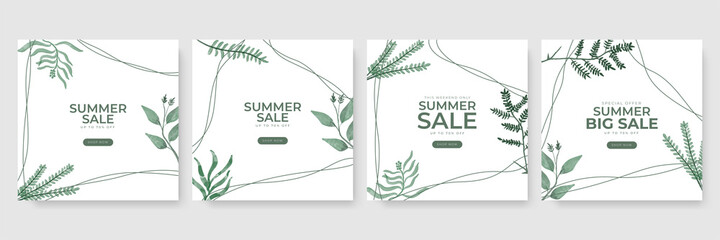 Summer sale green floral watercolour vector poster, banner template. Season backgrounds. Tropical frame with sand beach, water, leaves and fruits