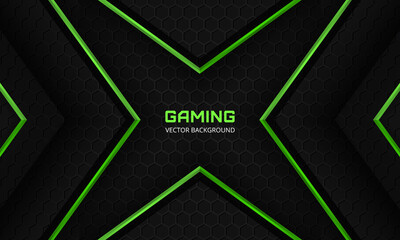 Wall Mural - Dark abstract gaming background with hexagon carbon fiber grid and green abstract arrows. Futuristic luxury modern sporty game hexagonal background. Futuristic abstract black and green banner.