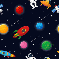 Wall Mural - cosmic fabric for kids. astronaut with rocket and