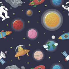 Wall Mural - cosmic fabric for kids. astronaut with rocket and