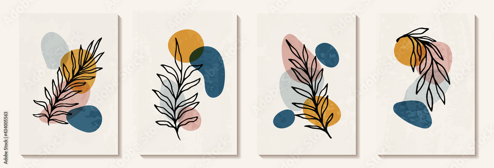 Botanical wall art vector set. Tropical Foliage line art drawing with abstract shape. Abstract Plant Art design for print, cover, wallpaper, Minimal and natural wall art decoration, poster, brochure. - obrazy, fototapety, plakaty 