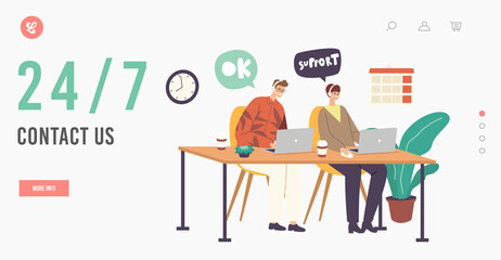 Wall Mural - hotline operators help clients online landing page template. smiling call center receptionists chara