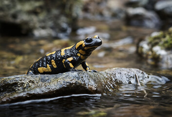 Poster - Closeup shot of a fire salamander on a rock in a river