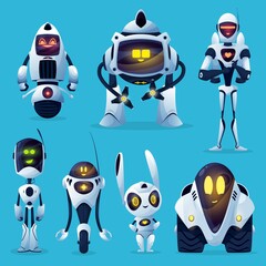Poster - modern robot cartoon characters with vector white artificial intelligence bots. cute ai robot toys, 