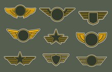 Army Patches With Wings, Heraldic Icons, Vector Winged Insignia Or Emblems. Air Force Of Round, Shield And Star Shapes Isolated On Khaki Colored Background. Retro Badges For Officers Or Soldiers