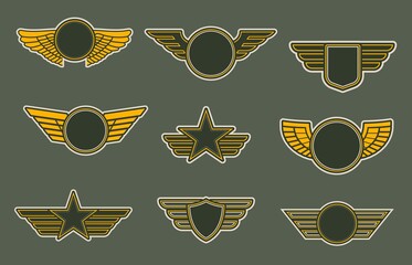 Army patches with wings, heraldic icons, vector winged insignia or emblems. Air force of round, shield and star shapes isolated on khaki colored background. Retro badges for officers or soldiers