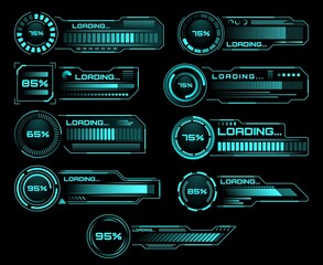 Poster - HUD loading progress bars, Sci Fi interface, vector digital futuristic elements for dashboard, technology style neon glowing ui navigation for game menu design or web site data load, technology theme