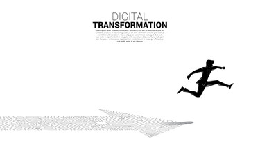Aufkleber - Silhouette of businessman jumping on the arrow dot connect circuit board style. concept of digital transformation of business.