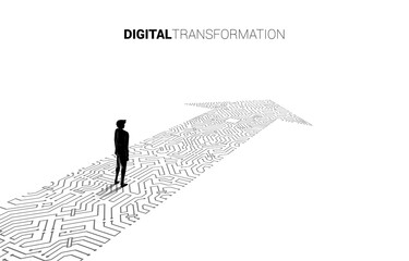Poster - Silhouette of businessman standing on the arrow dot connect circuit board style. concept of digital transformation of business.