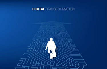 Poster - Silhouette of businessman in ready position on the arrow dot connect circuit board style. concept of digital transformation of business.