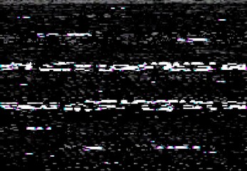 Leinwandbilder - VHS video screen with glitch effect, distortion lines and noise. Vector corrupted camera film or digital video system black background with random noise and horizontal distorted stripes, no signal
